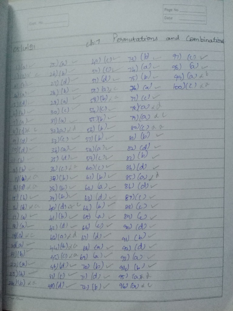 Maths CH 7 Permutations and Combinations MCQ Test PDF