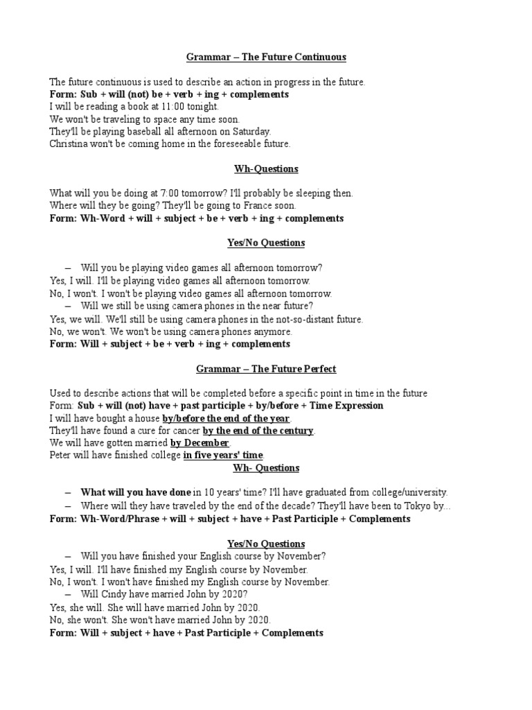 Future Continuous and Perfect Tenses Guide | PDF