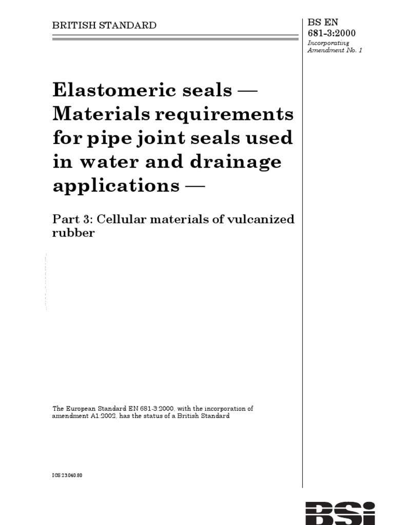 BS en 68132000 Elastomeric Seals Materials Requirements For Pipe