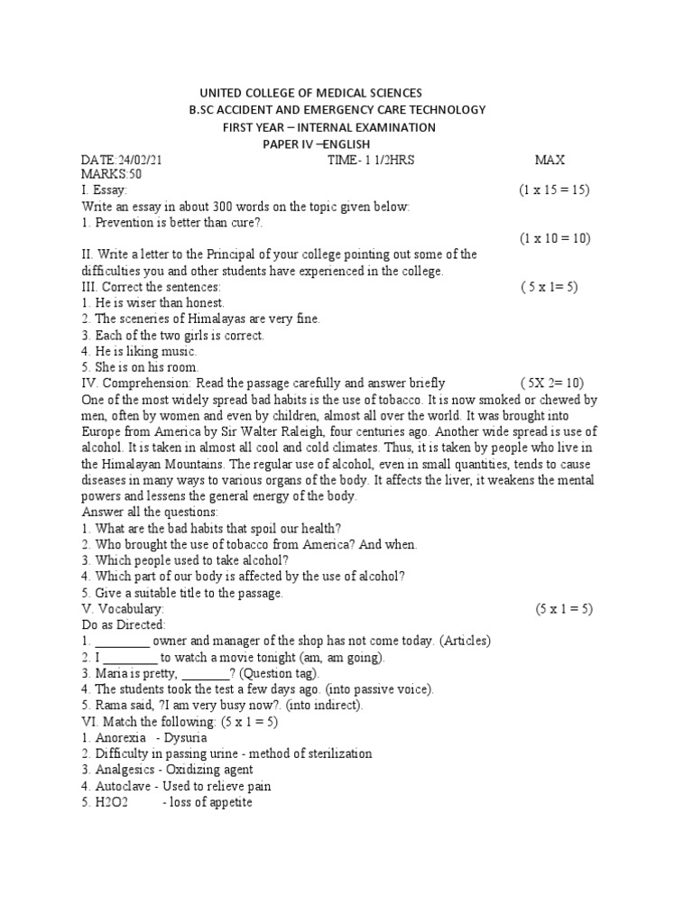 English Ques Paper PDF Health Sciences Medical Specialties