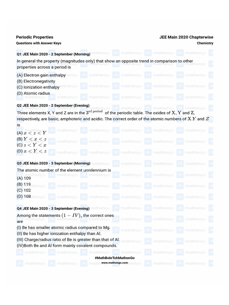 Periodic Properties Questions Jee Main 2020 Chapterwise Question Bank ...