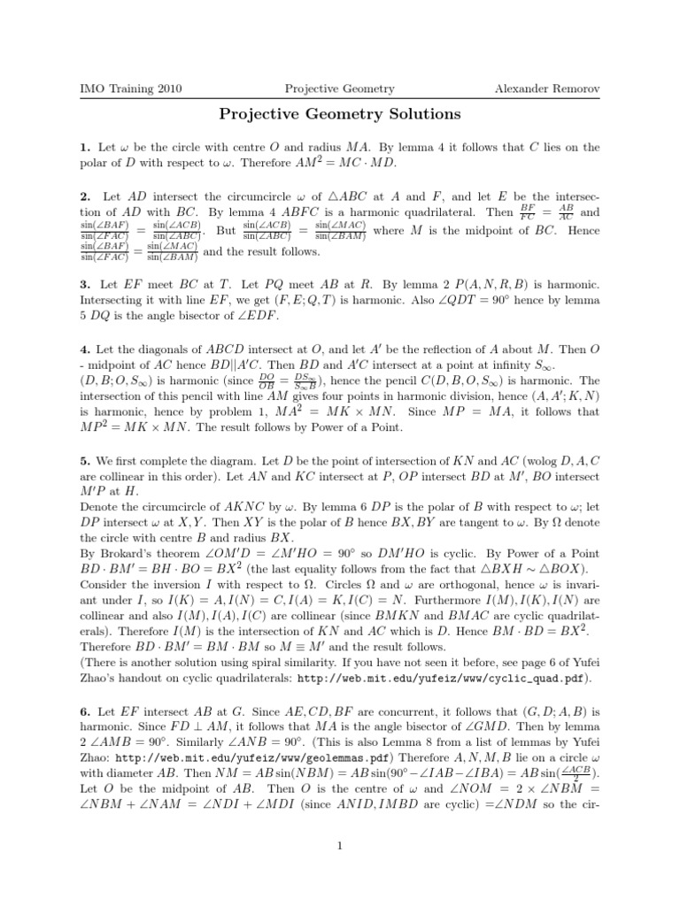 2010 Summer Camp - Week 4 - Projective Geometry - Solutions | PDF ...