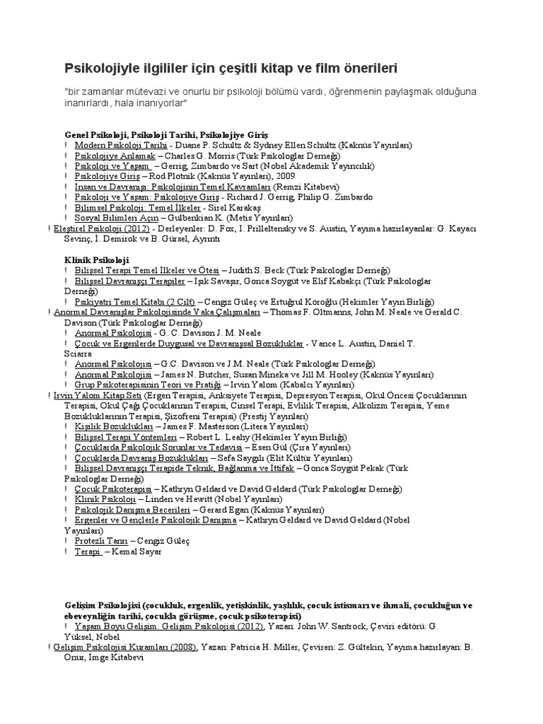 Psikolojiyle Ilgililer Için çeşitli Kitap Ve Film önerileri Pdf