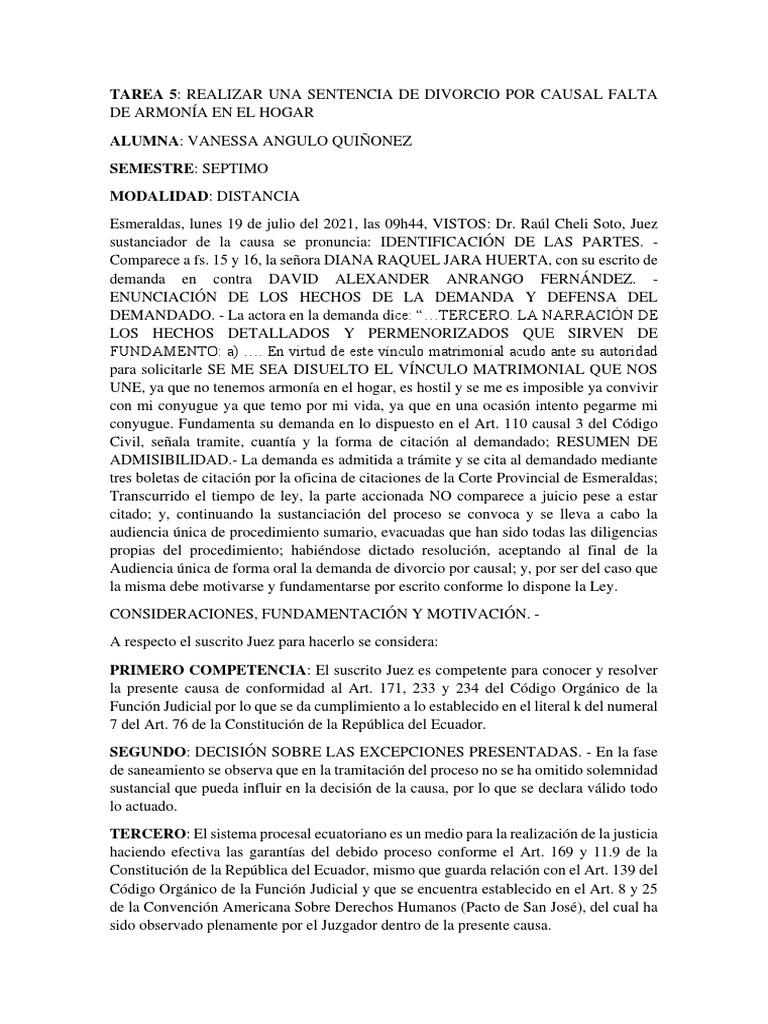 Sentencia de divorcio por causal falta de armonía en el hogar | PDF