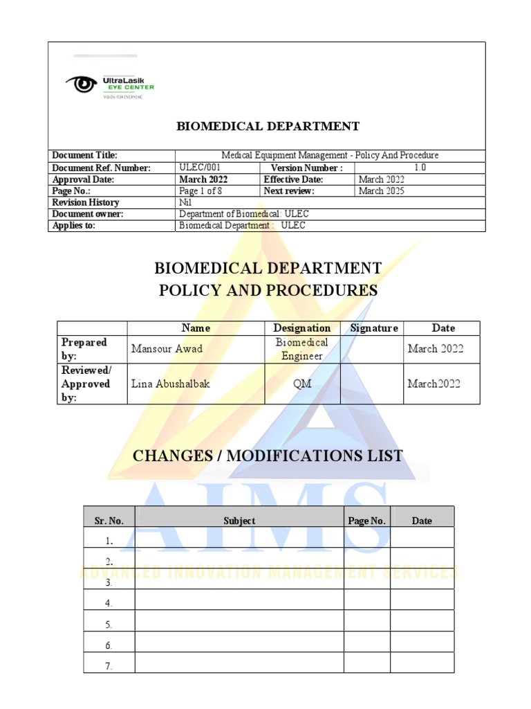 Medical Equipment Management Policy PDF Biomedical Engineering