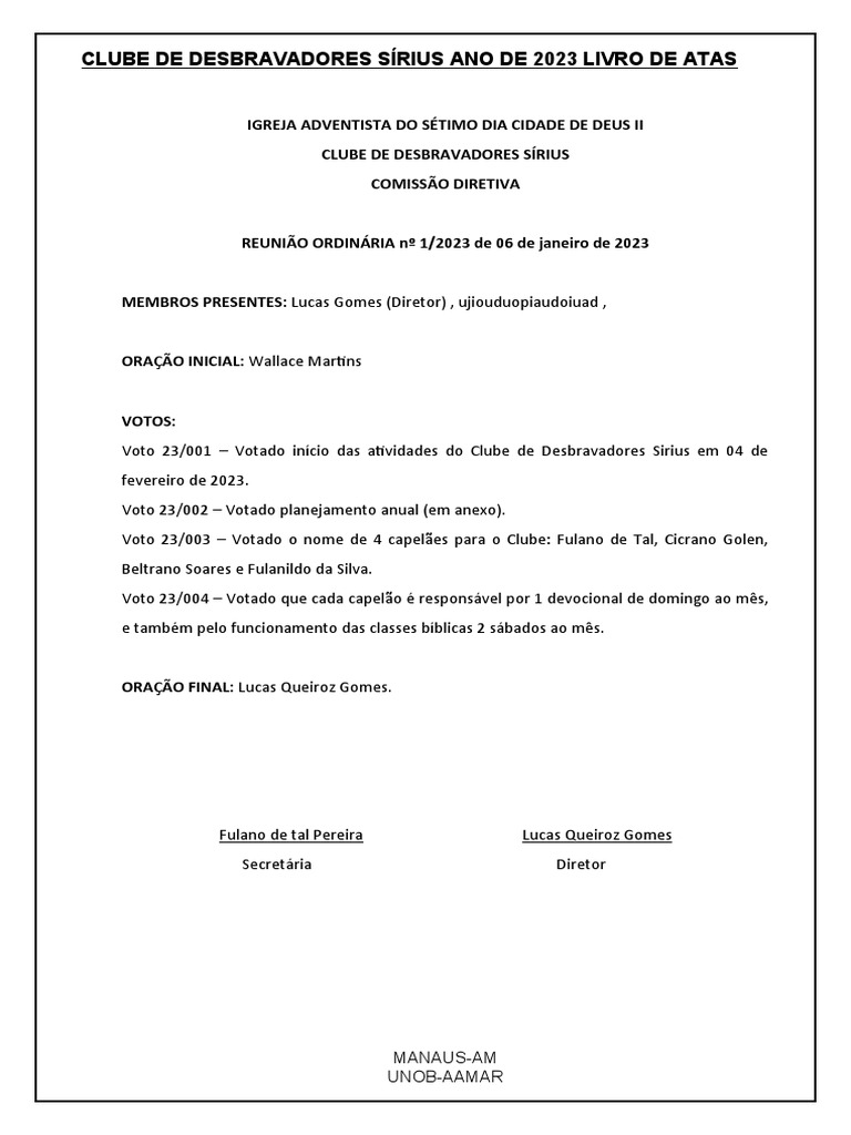 Ata da Reunião do Clube Sirius 2023 | PDF