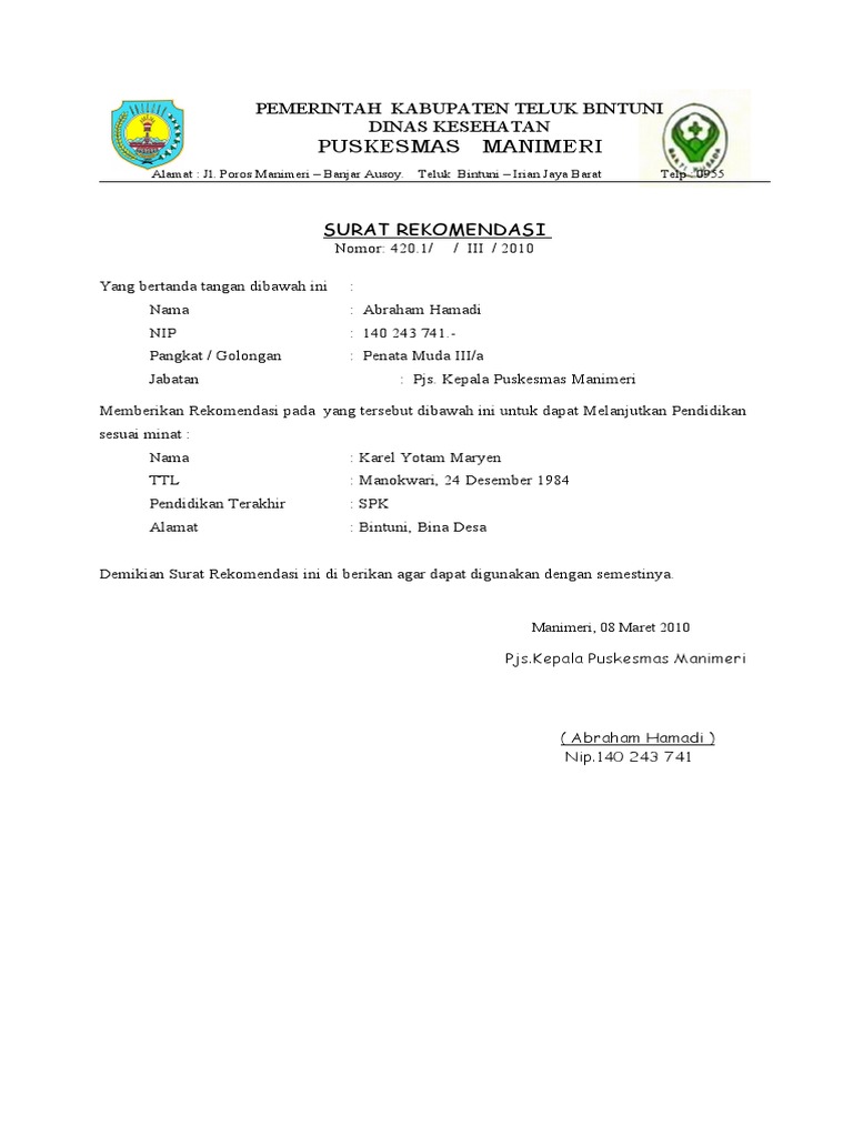 Surat Rekomendasi Sekolah | PDF