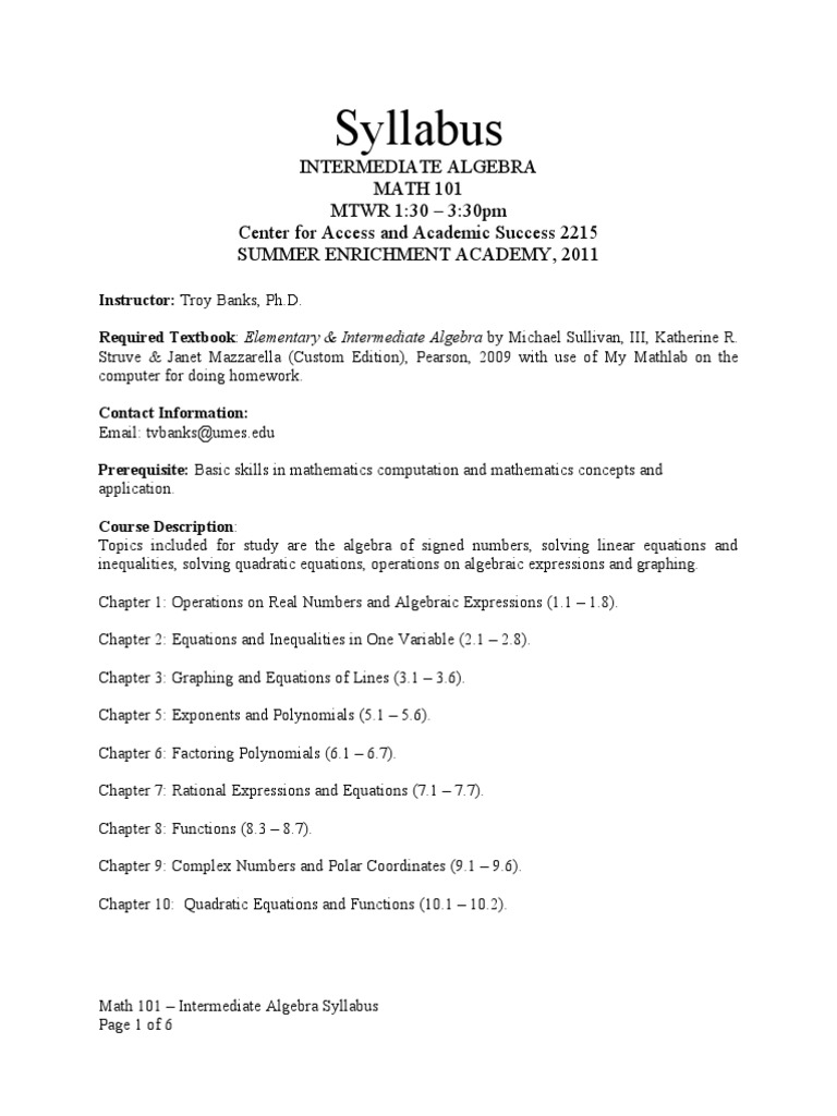 Intermediate Algebra Syllabus 2011 | PDF | Factorization | Equations