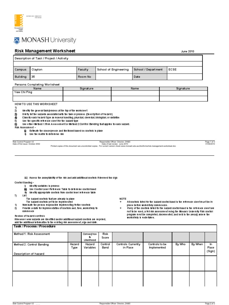 Risk Management Worksheet | Risk Assessment | Hazards