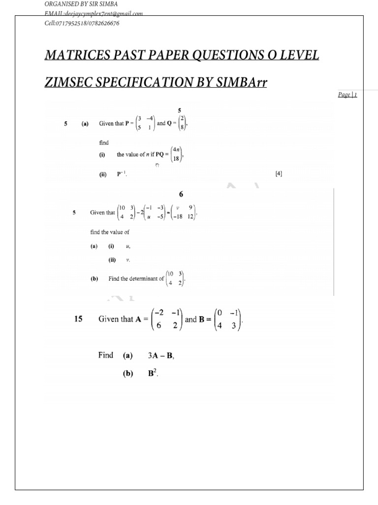 Matrices Past Paper Questions o Level PDF