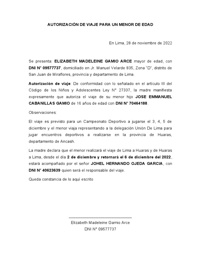 AUTORIZACIÓN DE VIAJE PARA UN MENOR DE EDAD | PDF