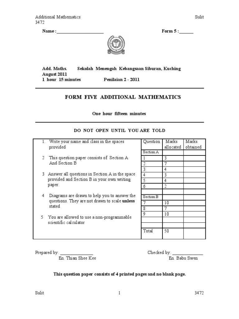 Form Five Additional Mathematics: Section A | PDF | Logarithm ...