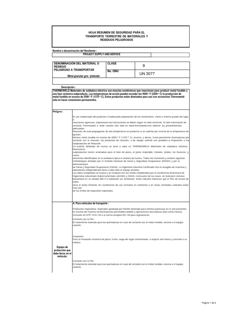 Hoja Resumen de Seguridad Thermoweld PDF Quemar Rieles