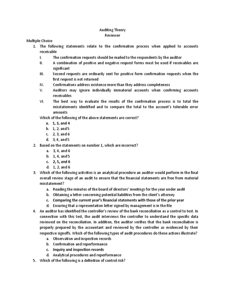 Auditing Theory: Multiple Choice Questions | PDF | Internal Control ...