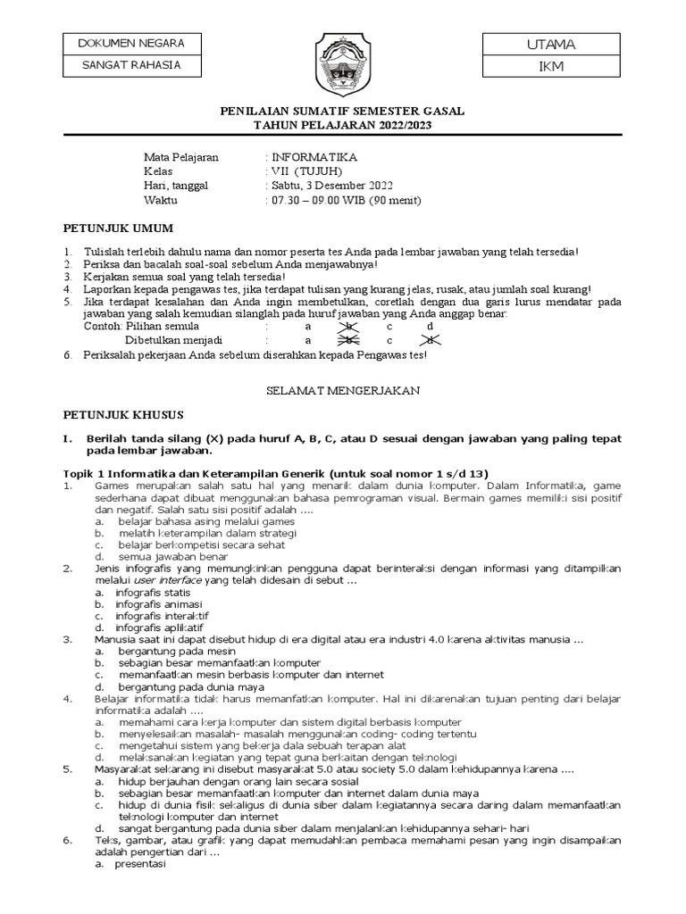 Informatika Kelas 7 - Soal Dan Kunci SAS | PDF