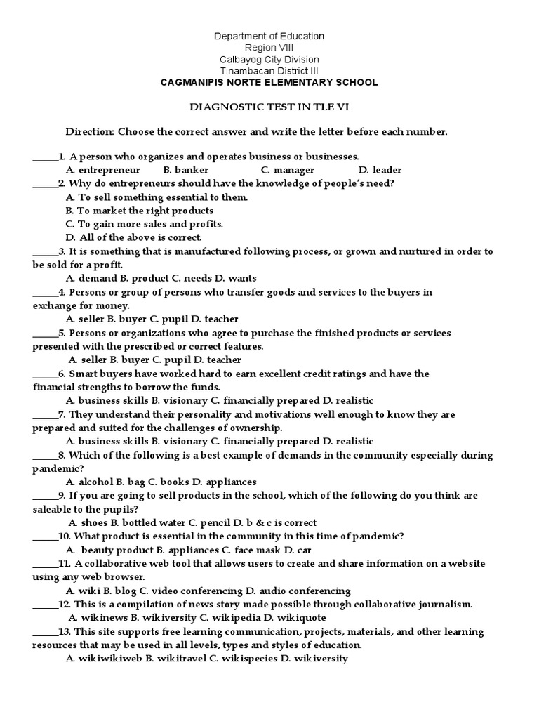 TLE 6 Diagnostic Test | PDF | Spreadsheet | Computing