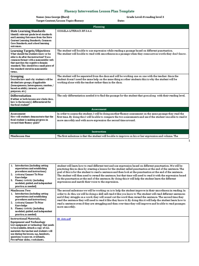 Assessing and Teaching Fluency Mini Lesson Template 1 | PDF | Learning ...