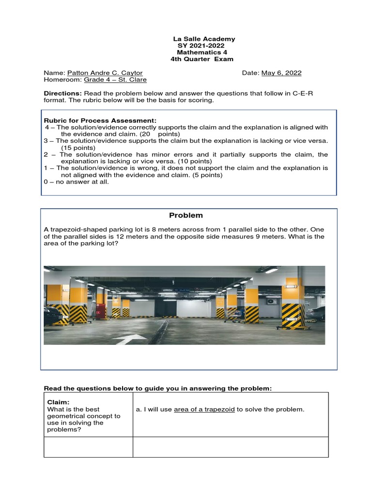 4th Quarter Math Exam: Trapezoid Area | PDF