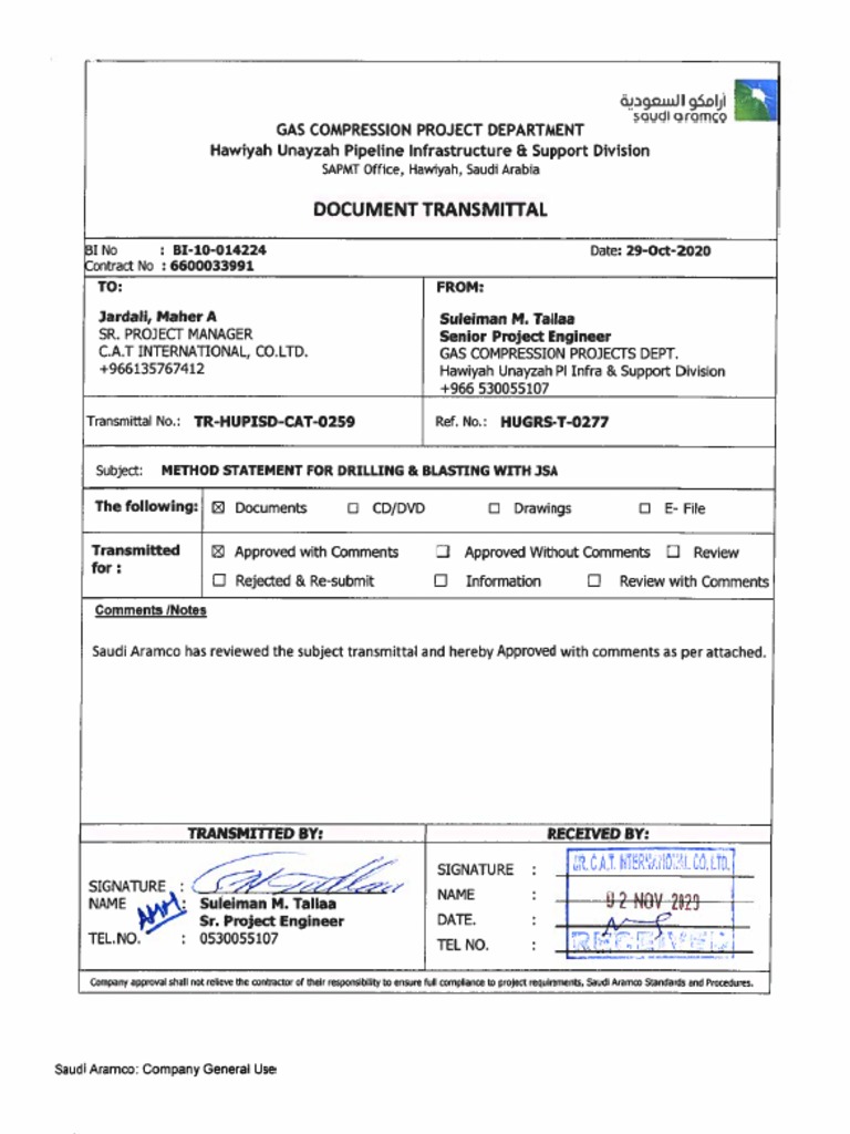 11.03.2020 Tr-Hupisd-Cat-0259 Method Statement For Drilling Blasting ...