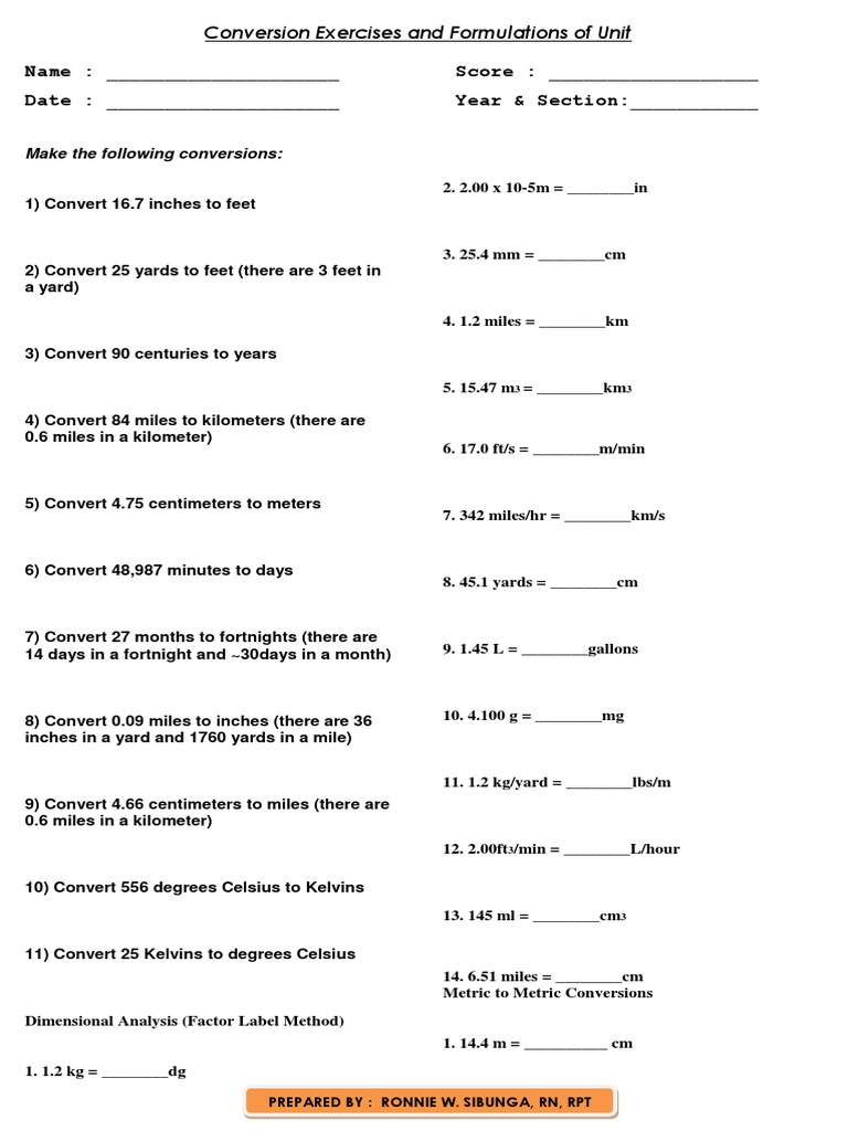 Conversion Exercises and Formulations of Unit | PDF | Units Of ...