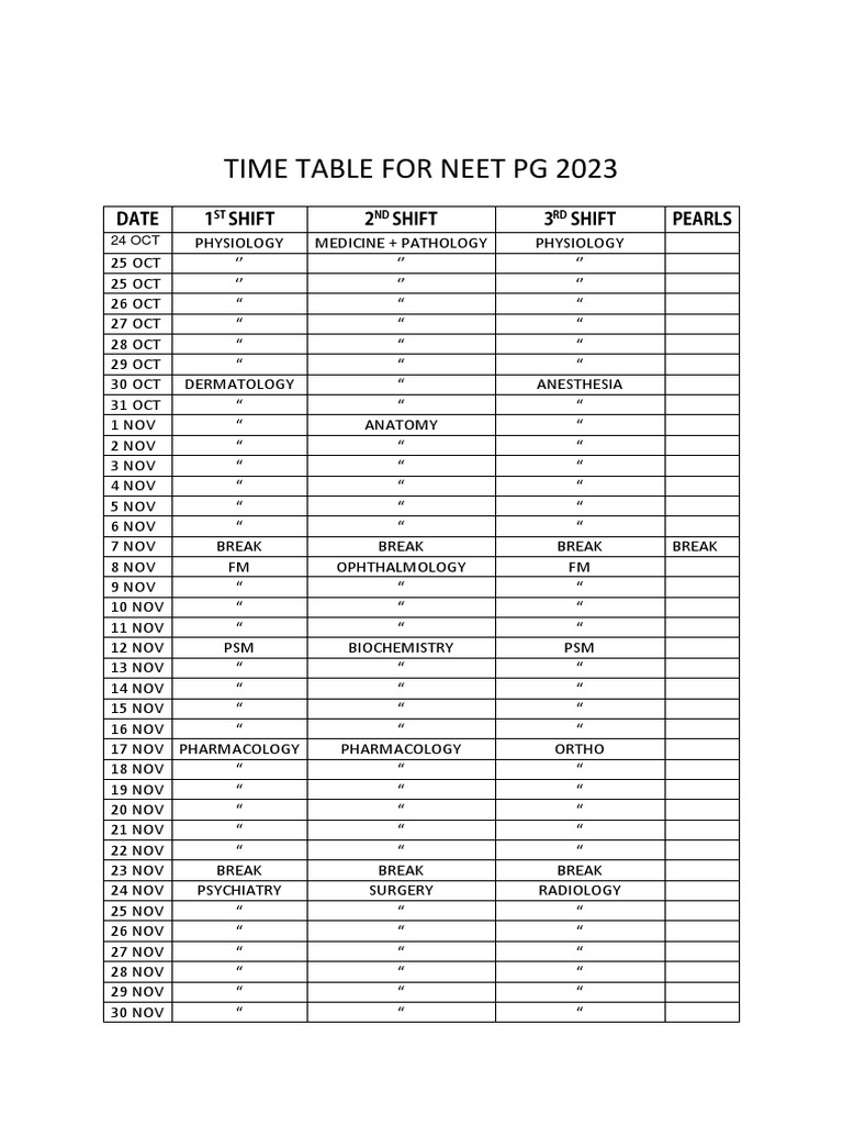 Time Table For Neet PG 2023 PDF