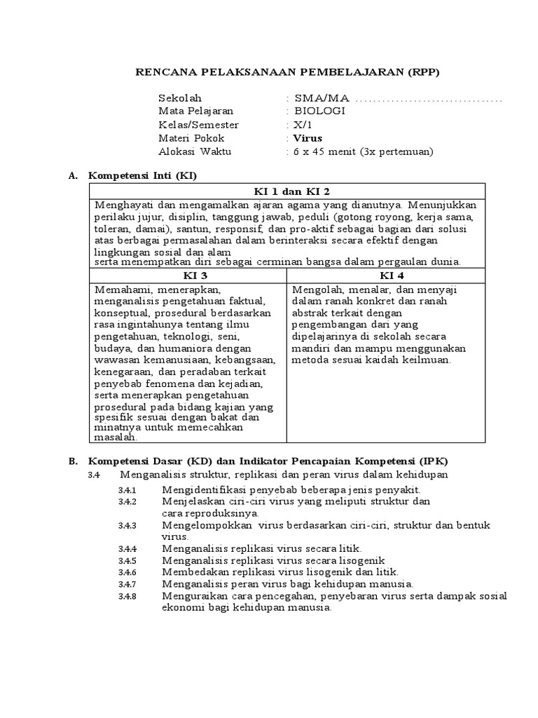 RPP Biologi Kelas X: Virus | PDF