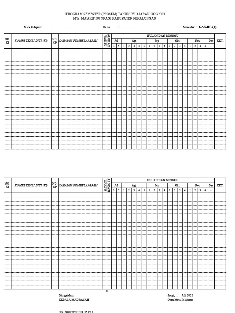 Prosem 2022/2023 MTs. Ma'arif NU Sragi | PDF