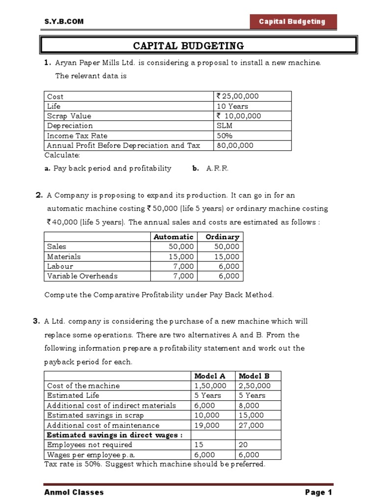 Capital Budgeting Analysis And Comparisons Pdf Net Present Value