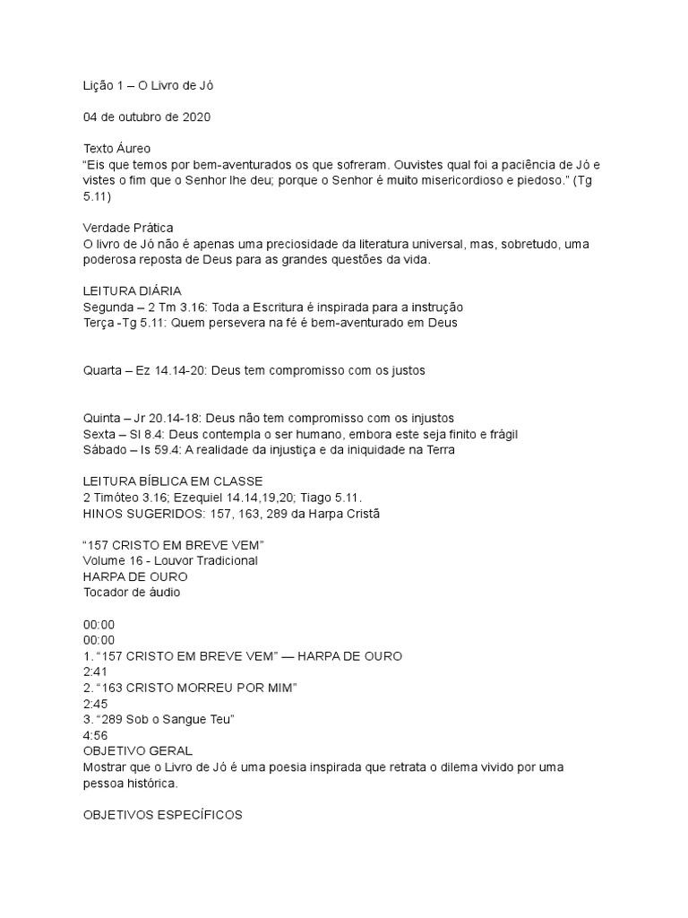 Lição 1 O Livro De Jó Pdf Livro De Jó Evangelho De João