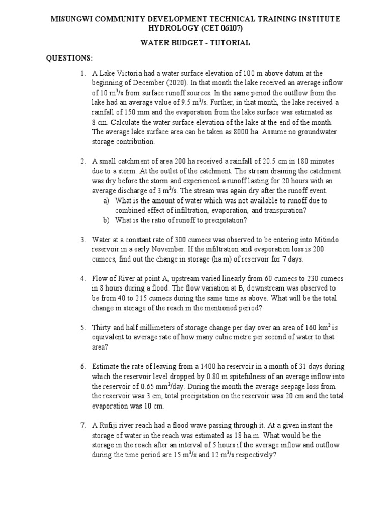 Water Budget Calculations for Lake Victoria and Other Catchments in