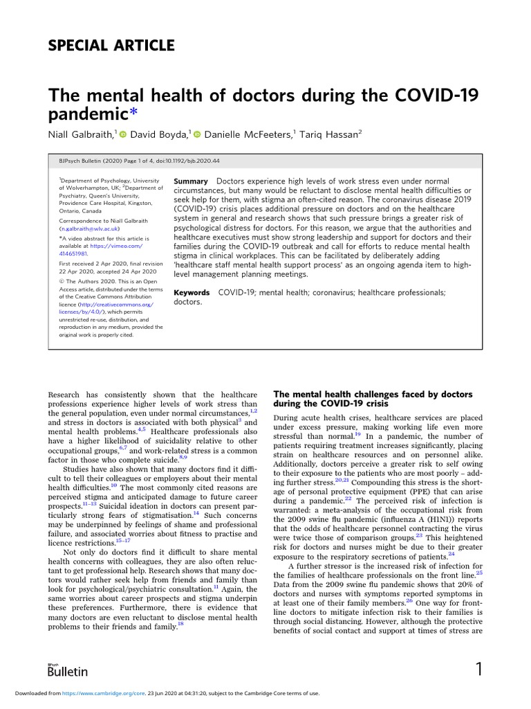 Mental Health of Doctors During The Covid19 Pandemic | PDF | Health ...