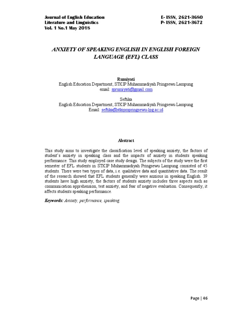 EFL Students' Speaking Anxiety Study | PDF | Anxiety | Self Efficacy