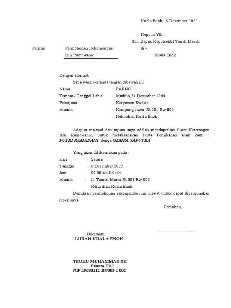 Permohonan Izin Rame-rame Pesta Pernikahan | PDF