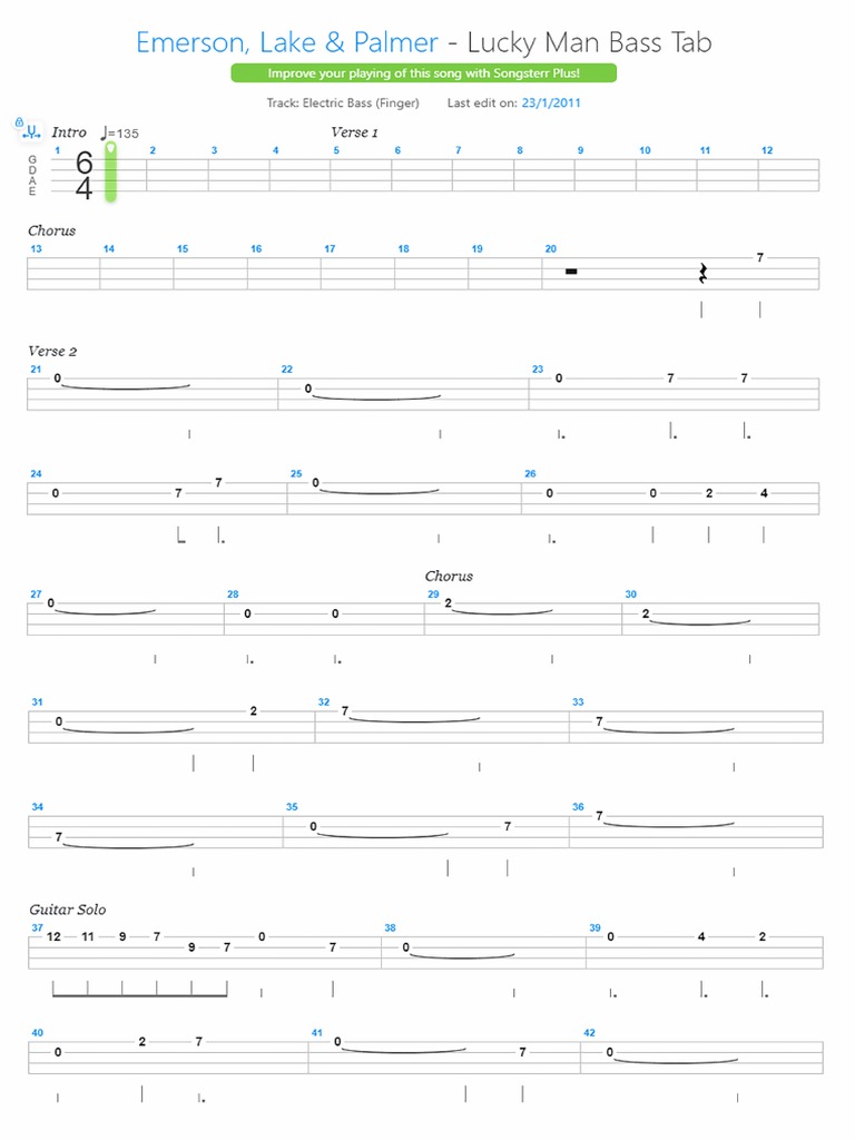 ELP - Lucky Man - Bass Tab | PDF