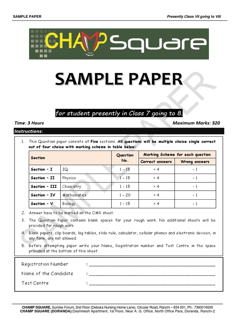 SAMPLE PAPER For Student Presently in Class 7 Going To 8 | PDF ...