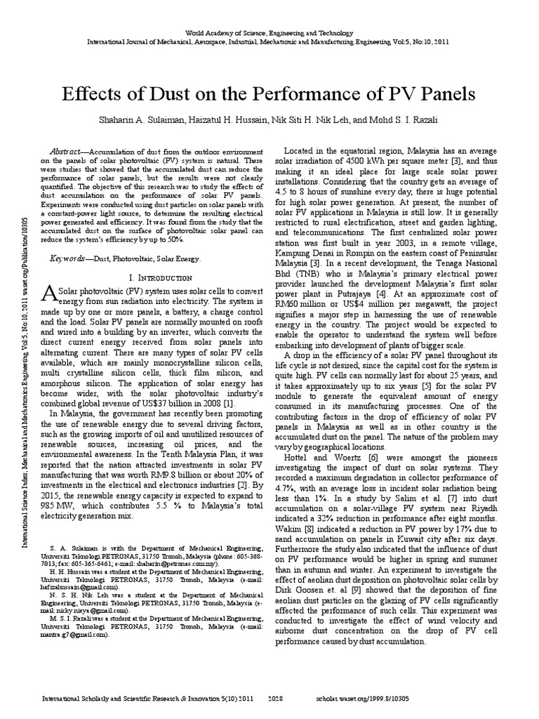 Impact of Dust on Solar PV Efficiency | PDF | Solar Power | Photovoltaics