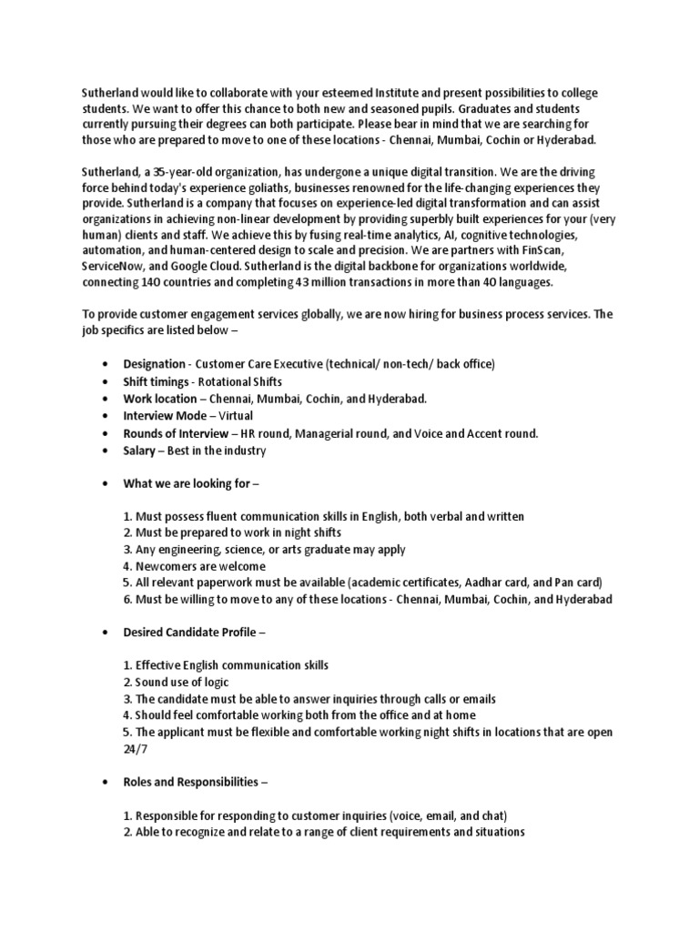 Sutherland Seeks Customer Care Executives for Business Process Services