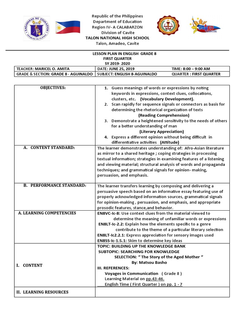 Grade 8 English Lesson Plan: First Quarter | PDF | Learning | Reading ...