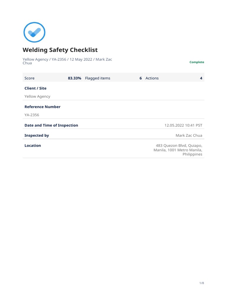 Welding Safety Checklist Sample Report PDF Welding Construction