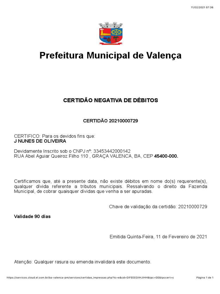 Certidão Negativa de Débitos Municipais | PDF