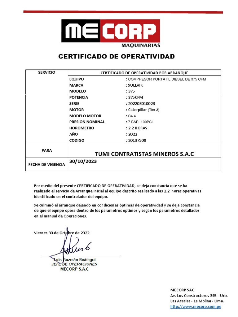Certificado de Operatividad MECORP SAC | PDF