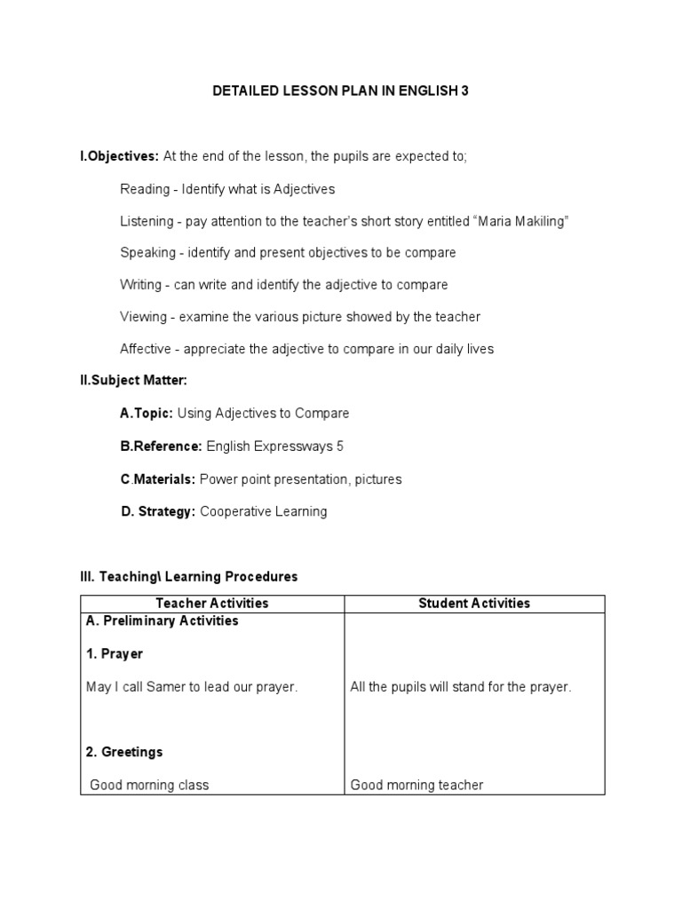 English lesson plan using adjectives to compare pdf linguistics