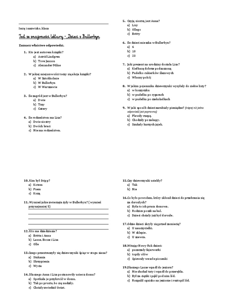 Quiz O Dzieci Z Bullerbyn Test z Lektury Dzieci z Bullerbyn | PDF