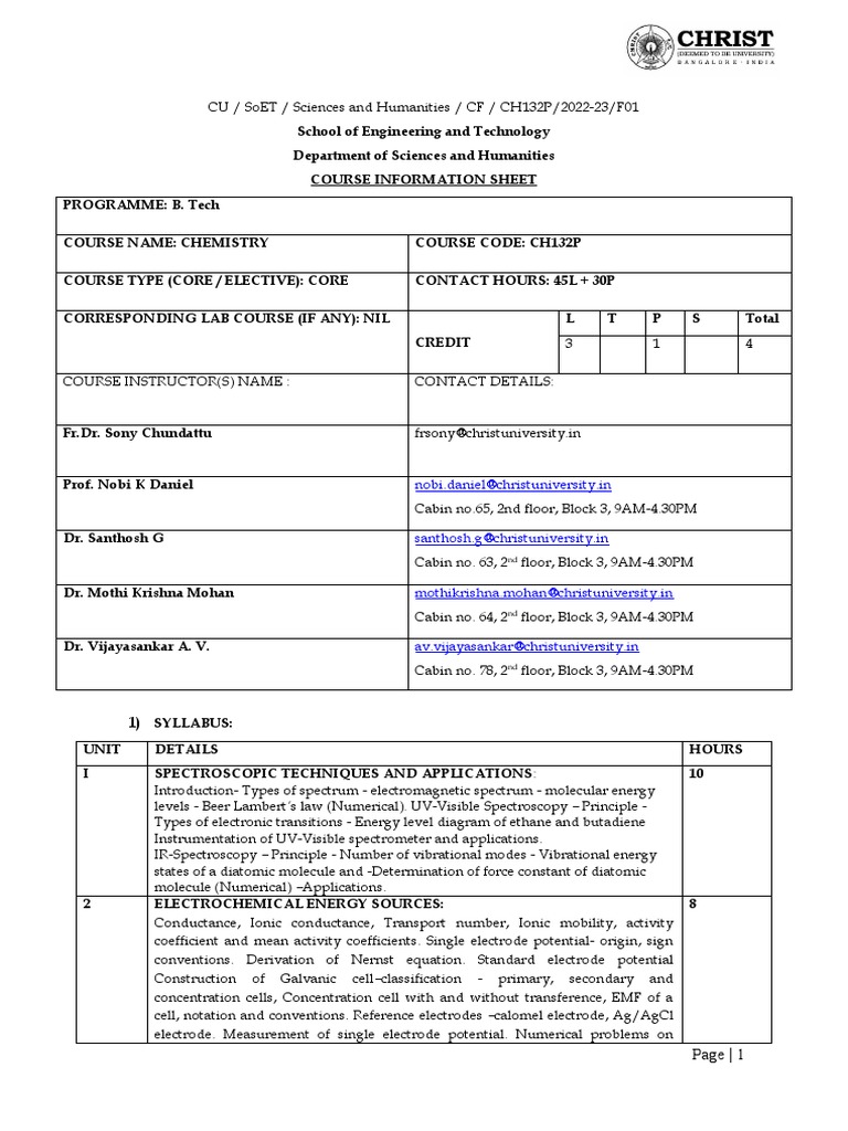 NBA Course Plan Chemistry 22-23 ODD | PDF | Corrosion | Electrochemistry