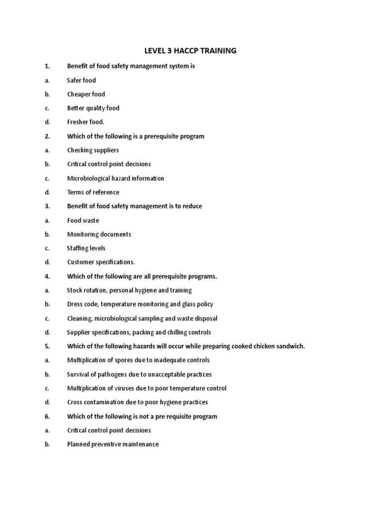 LEVEL 3 HACCP TRAINING Model Questions 4 PDF Food Safety Hazard