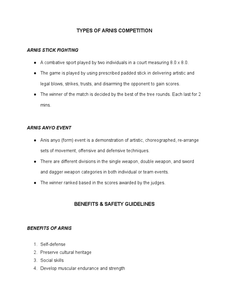 Types of Arnis Competition and Benefits & Safety Guidelines PDF