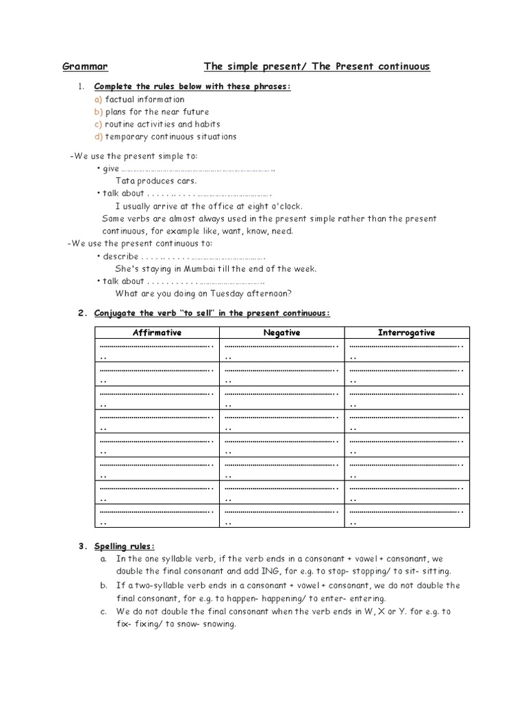 Present Simple vs. Continuous Grammar Guide | PDF | Consonant | Syntax