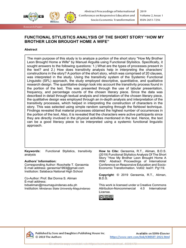 Functional Stylistics of How My Brother Leon Brought Home A Wife | PDF ...