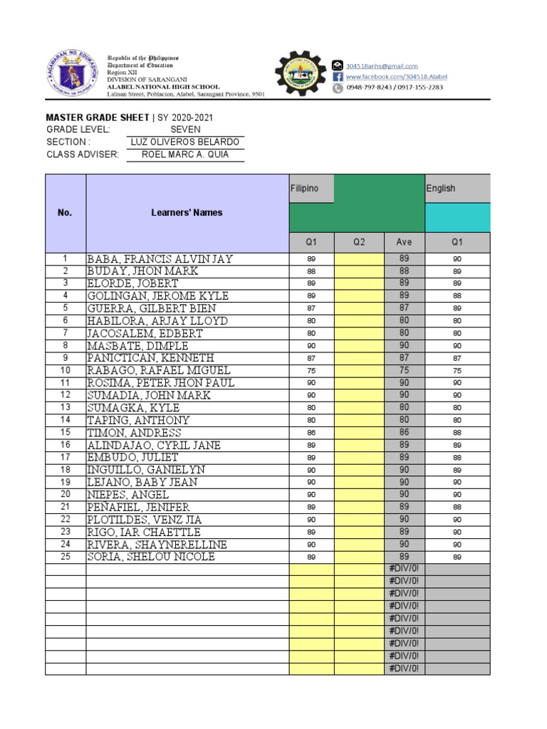 BELARDO QUARTER 2 Classifying Learners Grades Master Grade Sheet With ...