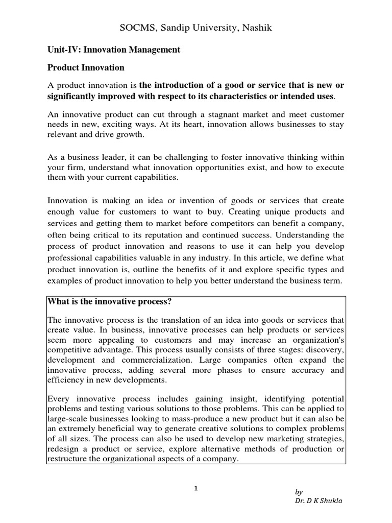 Unit IV - Innovation Management | PDF | Lean Manufacturing | Innovation